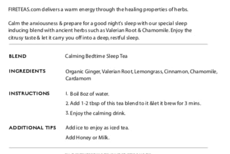 FIRE TEAS - Calming Sleep Tea - Organic Valerian Root, Lemongrass, Chamomile, Cardamom, Cinnamon, Ginger - Bedtime Herbal Tea For a Good Night's Deep Sleep -