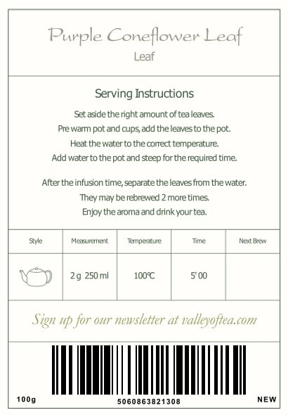 Echinacea Tea Loose Leaf - Whole Dried Purple Coneflower Herb Whole dried leaves from the purple coneflower plant steeped into a bold earthy tea enjoyed traditionally by herb lovers