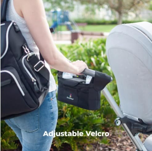 Primo Passi Stroller Travel Essentials Bundle – Portable Rechargeable Stroller Fan with Flexible Tripod & Universal Stroller Organizer with Insulated Cup Holders, Baby Travel Accessories