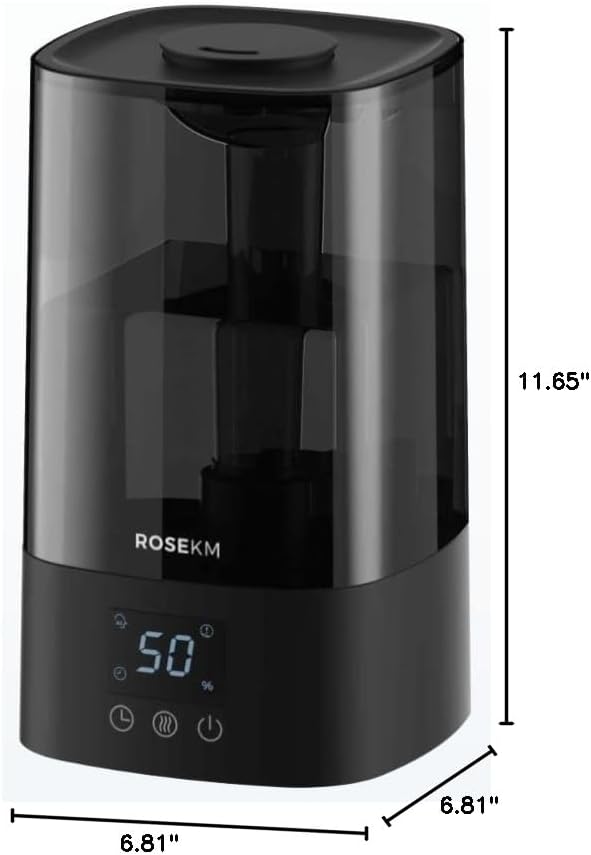 ROSEKM Humidifiers for Bedroom (1.1L), Small Cool Mist Humidifier for Home Plant and Baby Nursery, Quiet Ultrasonic Humidifier with 360° Nozzle, Auto Shut-Off, Filterless, Black