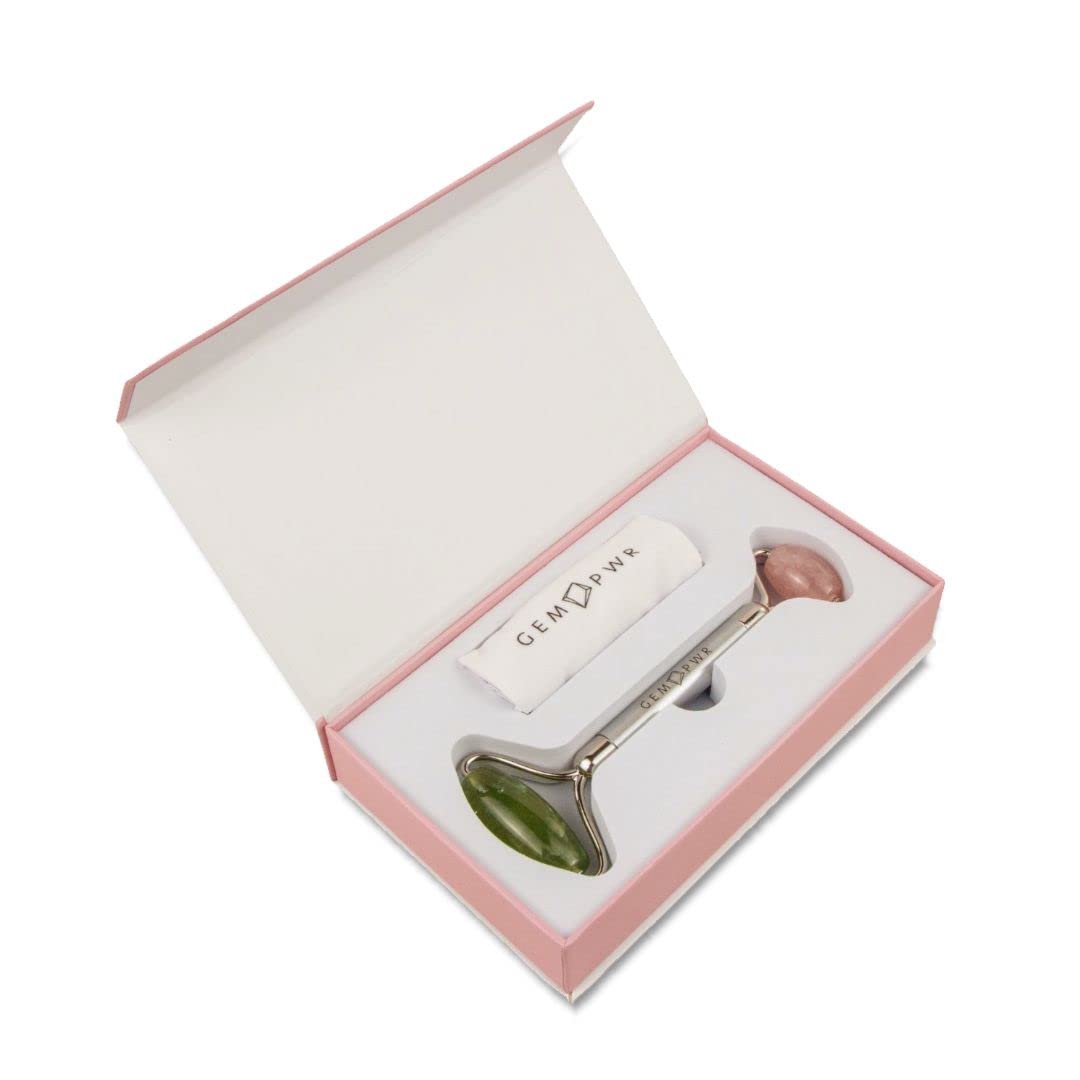 Amethyst + Jade Roller for Face and Neck Massage, Dual Gemstones with Durable Steel Handle and Travel Bag. Minimize Wrinkles, Reduce Puffiness and Restore Skin's Elasticity and Radiance