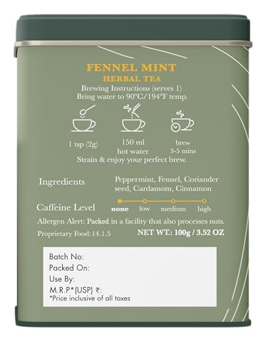 Luxmi Estates Fennel Mint Herbal Tea | Loose Leaf in Resealable Tin Caddy 100g (3.5oz, ~50 Cups) | 5-Herb Ayurvedic Digestive Blend with Fennel, Peppermint, Coriander Seed, Cardamom & Cinnamon, Caffeine-Free