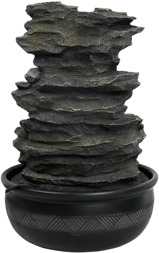 8.3” H Indoor Zen Tabletop Water Fountain, Rock Cascading Waterfall with Spinning Crystal Ball & LED Light for Home Office Decor