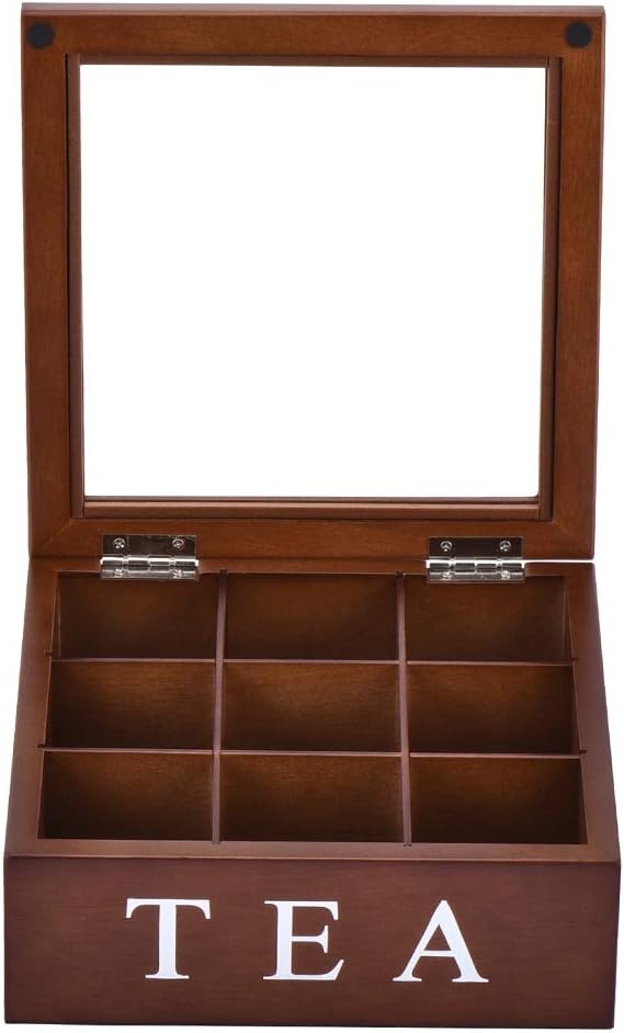 Wood Tea Storage Box, Teabag Storing 9 Compartments Wooden Tea Box Hinged Glass Lid Tea Organizer-Black