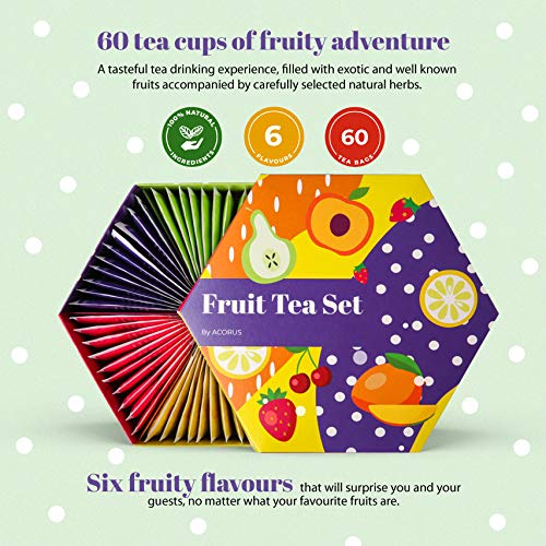 ACORUS Fruit Luxury Tea Set - Assorted Fruit and Herbal Teas Box, Tea Gift Set for Women and Tea Lovers, Large Variety Pack, 6 Flavor Sampler, 60 Bags