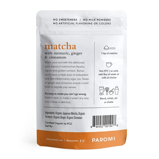 Paromi Matcha Green Tea Powder with Turmeric, Ginger & Cinnamon, 35g (18 Servings) — Made with Stone-Ground Organic Matcha from Kyushu, Japan — Blend, Whisk, Stir or Shake into Water or Milk