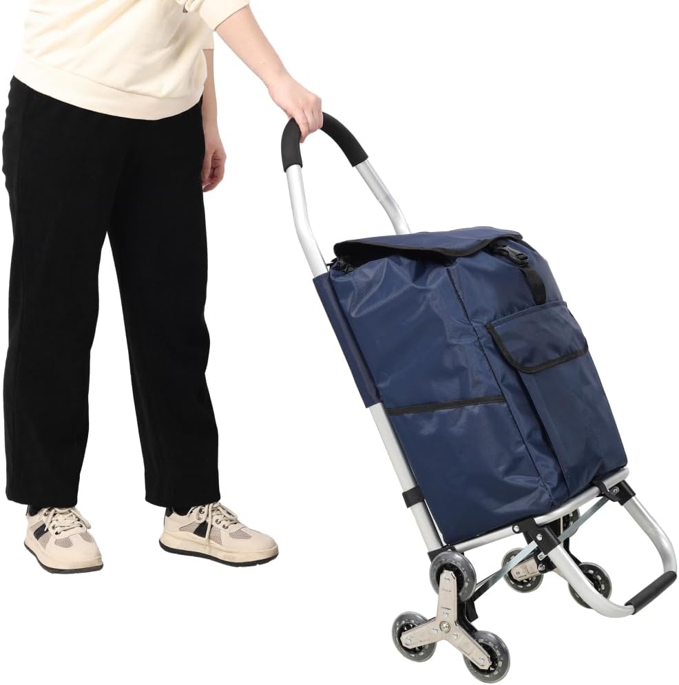 40L Heavy Duty Stair Climbing Collapsible Shopping Cart with Stainless Steel Triangular Wheels, Waterproof Oxford Removable Bag for Groceries, Laundry, Travel, Apartment Use (6 Wheels + Black)