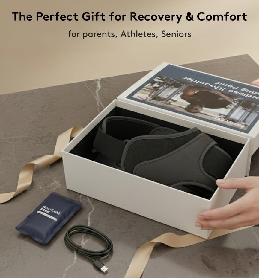 Cordless Shoulder Heating Pad with Vibration & Cold Gel Pack, Heat, Cool&Massage Support Wrap 6 Heat Level, 3 Vibration Mode, Adjustable Neoprene Shoulder Brace for Rotator Cuff Pain Relief Men&Women