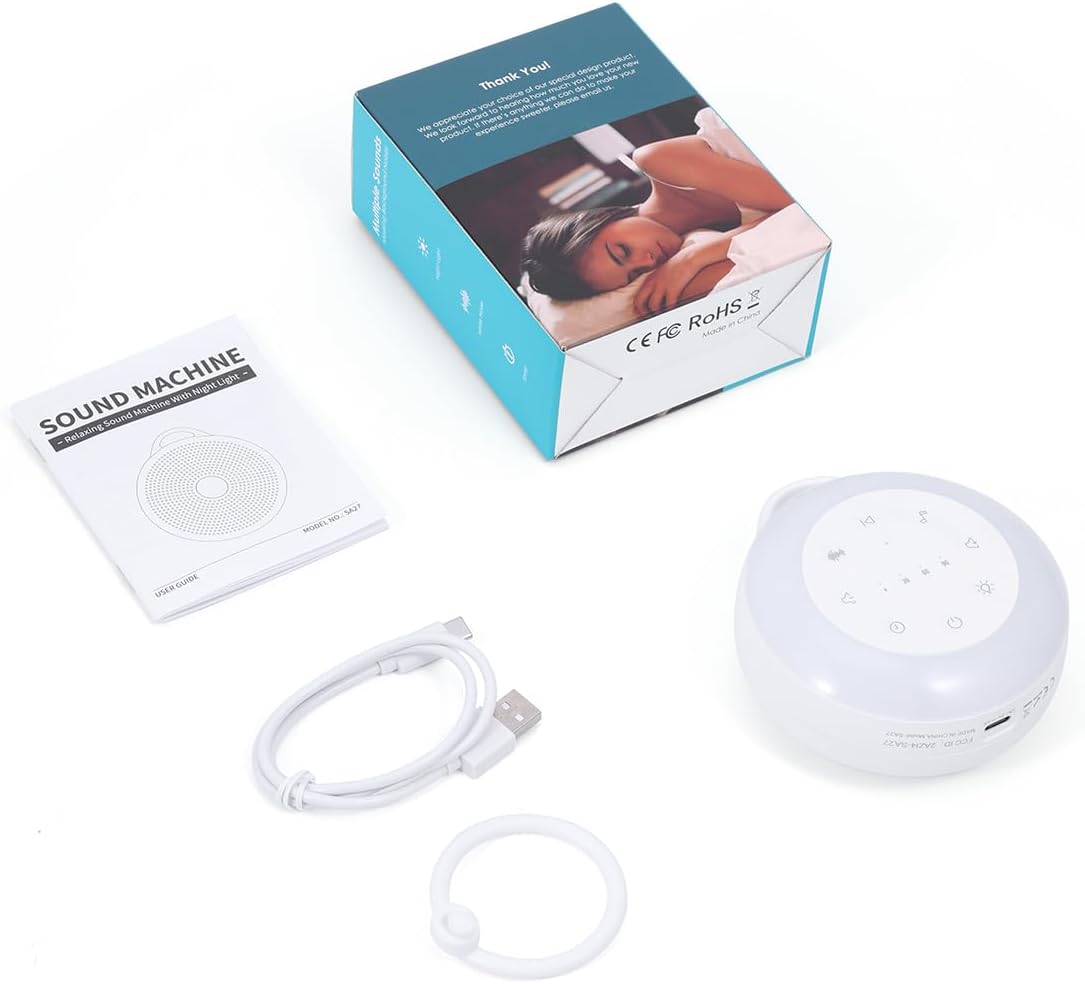 White Noise Machine, Portable Sound Machine for Sleep, 24 Soothing Sound, Volume Control, 3 Timing, Adjustable Night Light, Sound Therapy for Home, Travel, Registry Present