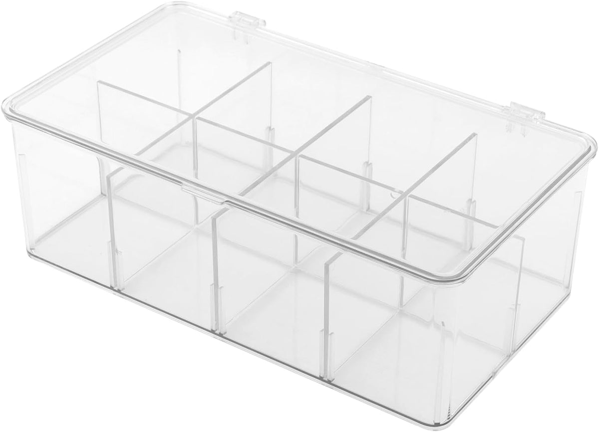 Clear Tea Bag Organizer with Lid, Stackable Storage Bin with Dividers