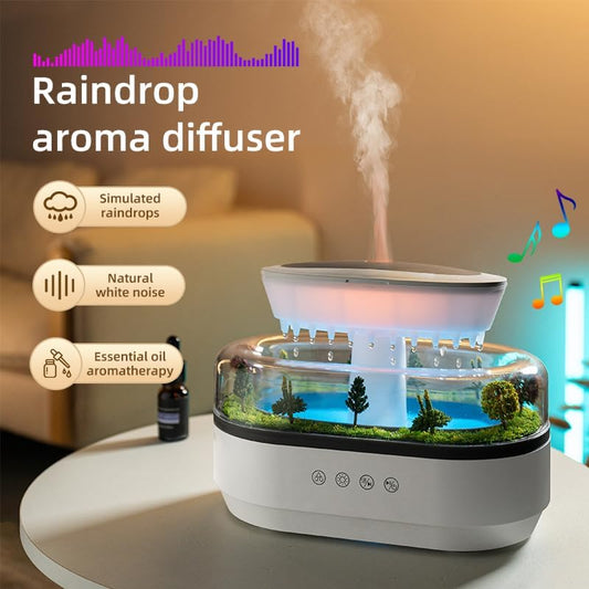 Upgrade Raindrop Humidifier Essential Oil Diffuser with Natural White Noise and Landscape Design,7 Led Colors Change Desktop Diffuser for Home Office Bedroom Waterdrop Diffuser 250ml