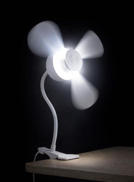 North Point Clip-On Fan with LED Light, Flexible Neck, Desk Clamp, White