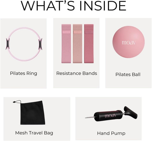 MOAV Premium Pilates Essentials Kit - 14" Ring with Cushioned Handles, Mini Ball with Pump, & 3 Durable Fabric Resistance Bands for Full Body Home Workouts