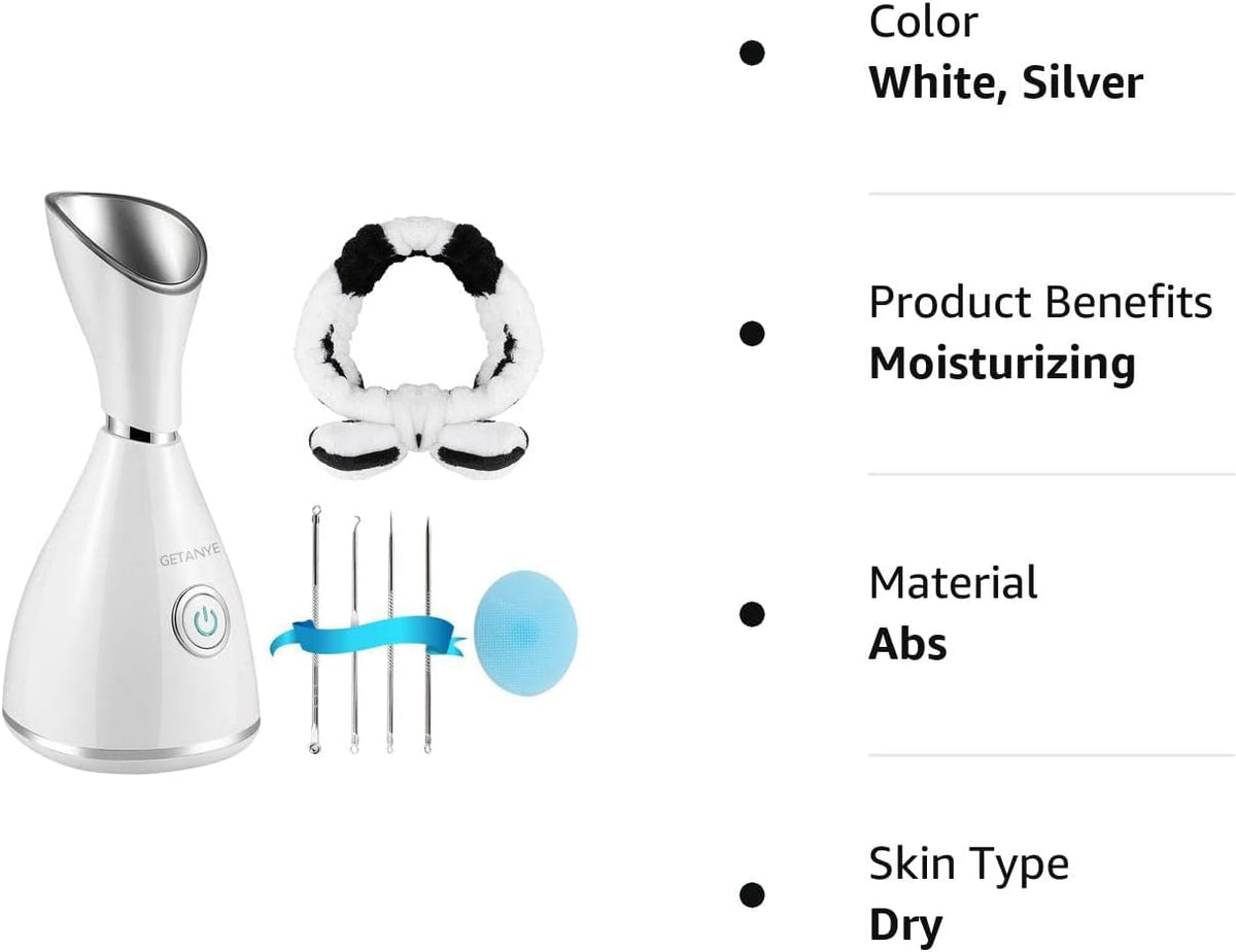 GETANYE Nano Ionic Face Steamer - 10X Penetration for Facial, Unclogs Pores, Moisturizing Spa Humidifier with Free Blackhead Remover Kit, Hair Band, Face Brush