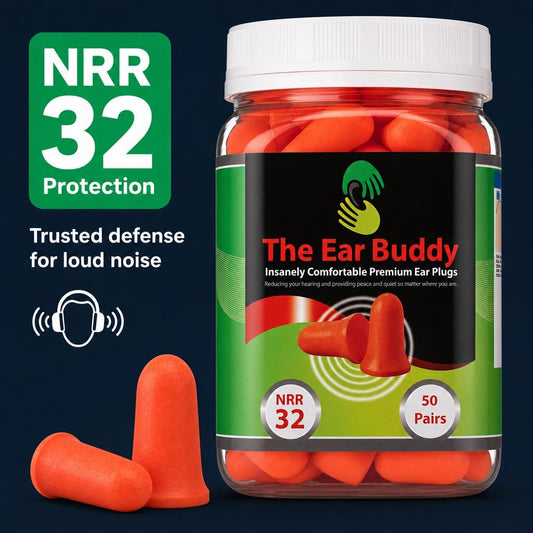 The Ear Buddy Premium Soft Foam Ear Plugs for Sleeping Noise Cancelling, Hearing Protection Earplugs for Shooting Range, Concerts, Work & Travel, Noise Reduction Rating 32 Decibels, 50 Pairs