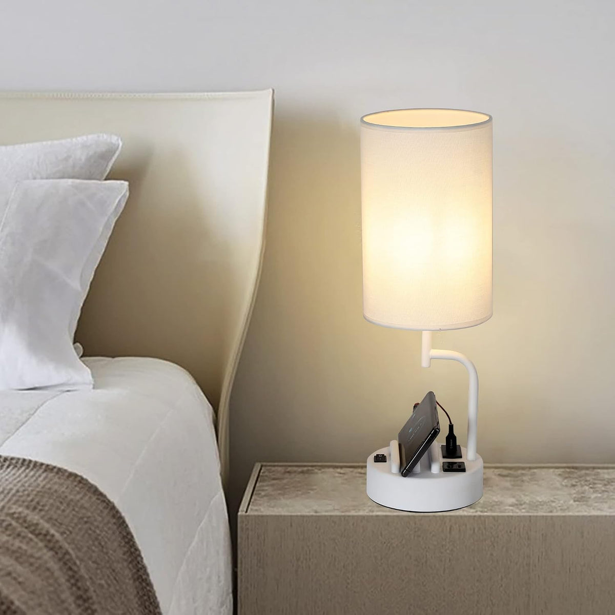 Dreamholder Table Lamp with 3 USB Charging Ports, Modern Desk Lamp with AC Outlet and Phone Stands, Perfect Bedside Lamp for Bedroom, Living Room, Office (Pack of 2), Cream