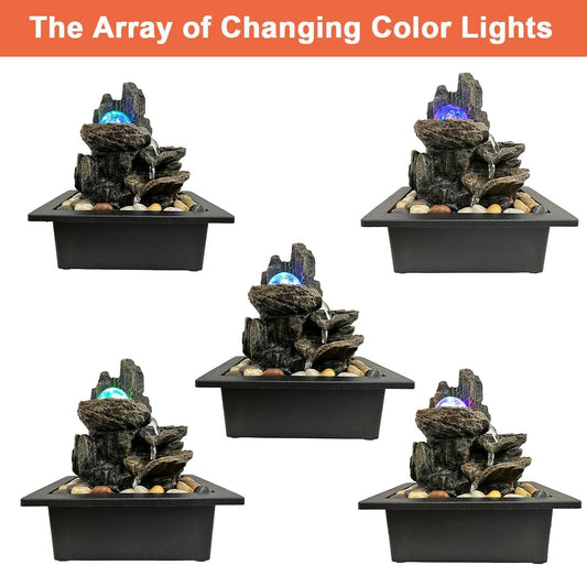 Indoor Tabletop Water Fountain Rotating Ball Rock Waterfall Fountain with Colorful Lights and Natural River Rocks, Zen Meditation for Home Office Decor (A)