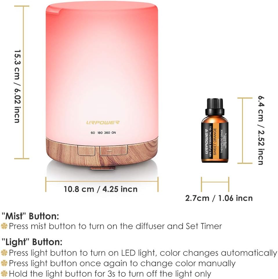 URPOWER 300ml Essential Oil Diffuser: Ultrasonic Aromatherapy Diffuser Quiet Auto Shut-Off, 4 Timer Settings(1H 3H 6H ON) & 7-Color Night Light Humidifier for Yoga Bedroom Living Room Office
