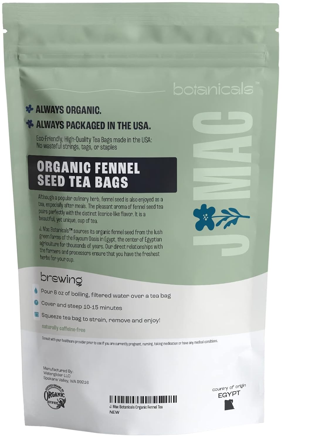 J MAC BOTANICALS, Organic Fennel Seed Tea Bags (100 Count)- Certified by Organic Certifiers, Inc. - Quality Tea From Nile Valley, Egypt, Packaged in the USA