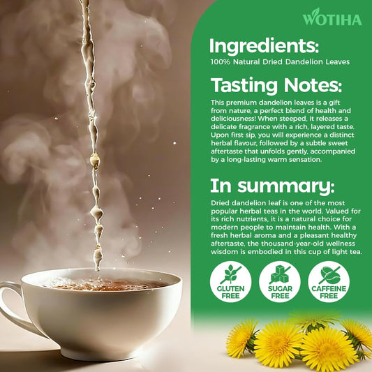WOTIHA 60 Count Premium Dandelion Root Tea Bags - 100% Natural Roasted, Supports Liver & Kidney Health, Digestion & Immunity, Caffeine-Free, Additive-Free, Gluten-Free, Vegan.