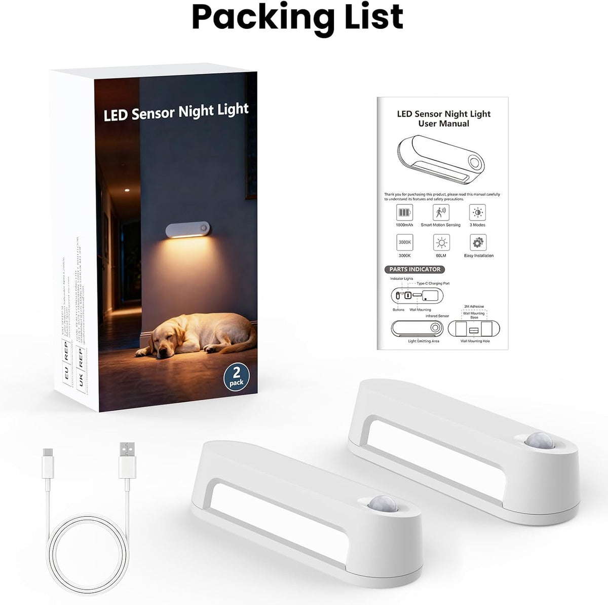 Kitloo Rechargeable Motion Sensor Night Light, 1800mAh Battery Operated Stair Lights Indoor, 60LM Warm White LED Night Light for Bathroom, Hallway, Stairs, Toilet, Bedroom, Wall Mount Stick-On, 2 Pack