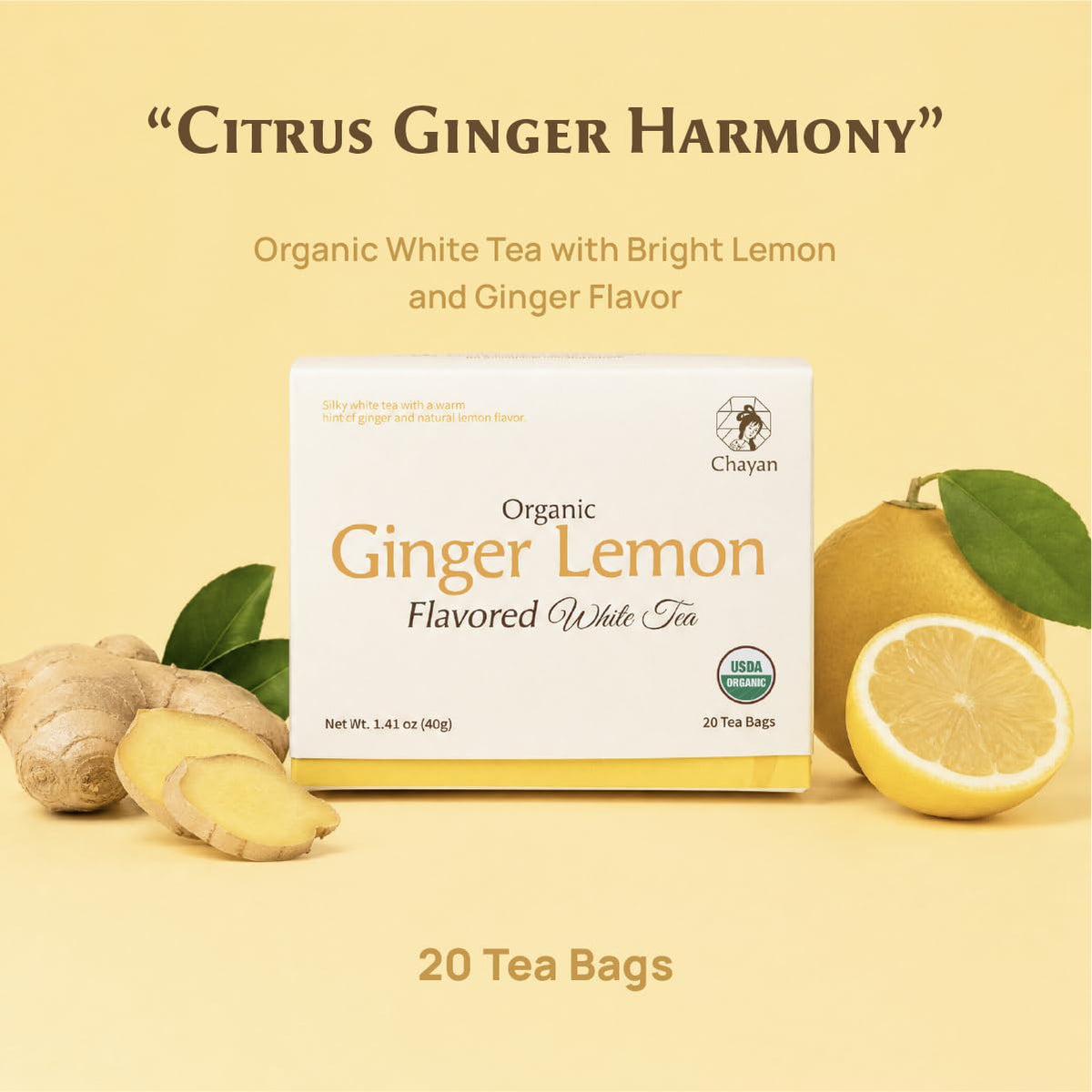 Chayan Organic White Tea Bags, Ginger with Natural Lemon Flavor,20 Count