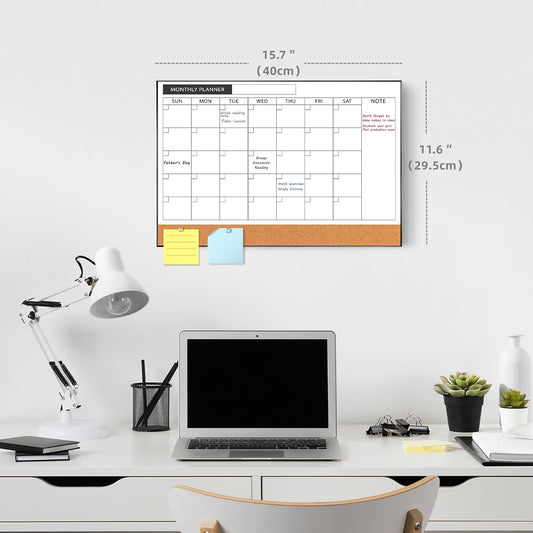ARCOBIS Dry Erase Calendar with Cork Board for Wall, 24"x 18" Magnetic Calendar Whiteboard with Black Frame, Monthly Combination Board for School, Home, Office