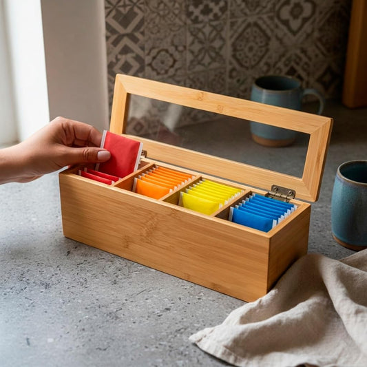 Tea Bag Organizer – Bamboo Tea Box Organizer with Acrylic Lid | Tea Storage Holder | Tea Caddy with 4 Compartments for Drawer, Kitchen Counter & Cabinet (11.8 x 3.5 x 3.5 in)