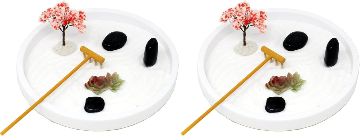 Nature's Mark Mini Zen Garden Kit for Desk with Rake, White Sand, Lotus Figures, White Round Base, Black River Rocks and Mini Blossom Tree (8Lx8W Round B)