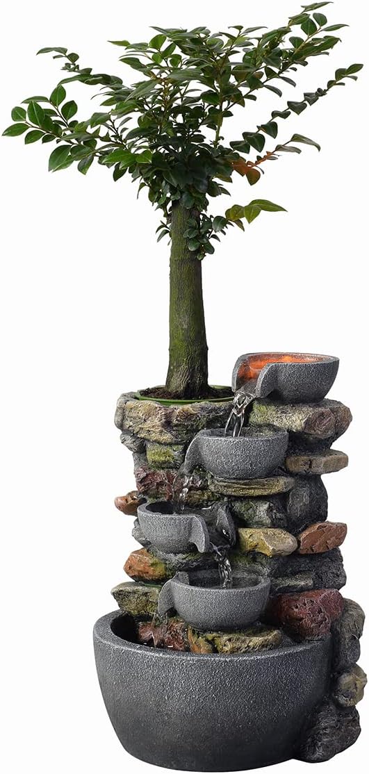 Haobos Indoor Fountain 4-Bowl Rockery Soothing Sound Tabletop Fountains Home/Office Decor Gift for Mom,Mother Day Present with A Small Plastic Pot to Grow Plant/Hebs By Yourself (Automatic Watering)