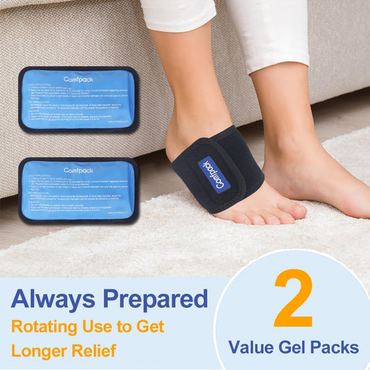 Comfpack Cold Therapy Wrap with 2 Packs for Pain Relief, Reusable Gel Ice Packs for Foot Plantar, Wrist, Ankle, Great for Sprains, Muscle Pain, Bruises, Injuries