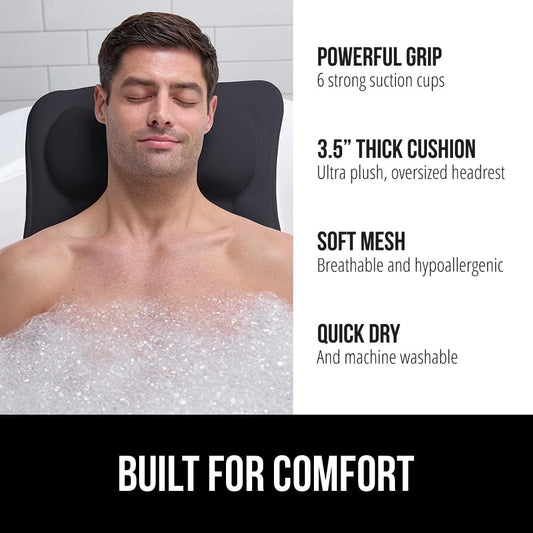GORILLA GRIP Bath Pillow for Tub, 6 Strong Suction Cups, 4D Mesh FlexComfort Headrest for Neck, Head and Back Support, Luxury Machine Washable Pillows, Bathtub Accessories, Spa Gifts for Women, White