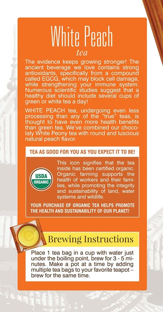 Davidson's Organics, White Peach, 25-count Tea Bags, Pack of 6