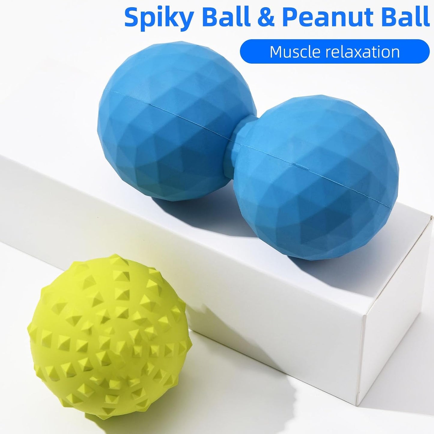 Peanut & Spiky Massage Ball Set, Double Lacrosse Peanut Roller + Firm Spiky Ball for Deep Tissue Myofascial Release, Trigger Point Therapy, Plantar Fasciitis & Muscle Recovery (Blue+Yellow)