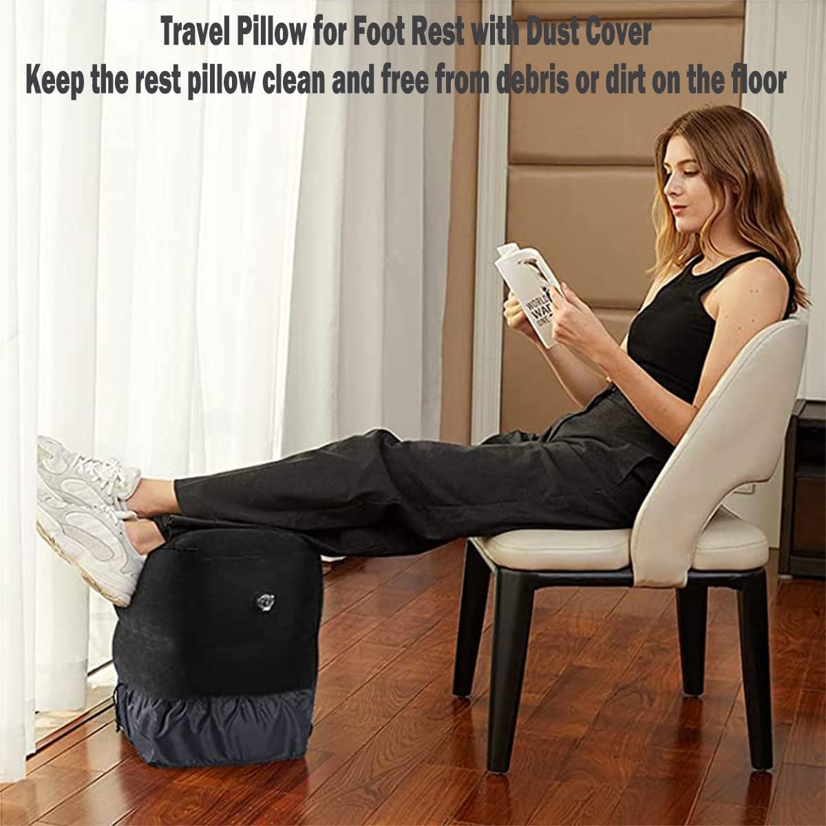 Inflatable Foot Rest Pillow for Travel, Adjustable Height Airplane Foot Cushion for Long Flights, Portable Comfort Footrest for Car, Office and Travel (Gray) (Black)