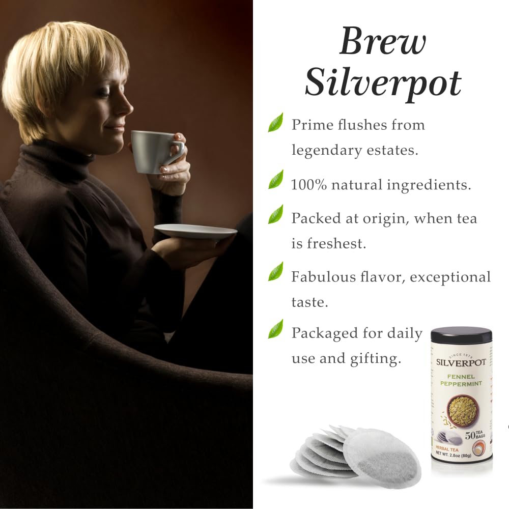 Silverpot Fennel & Peppermint Tea Bags, 50 Count, Fennel Seed Tea, Herbal Mint Tea, Peppermint, Hot or Iced, Caffeine Free, 100% Natural
