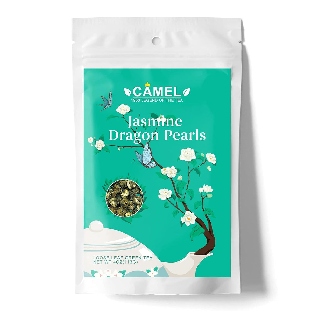 CAMEL Jasmine Green Tea - Loose Leaf Dragon Pearls, 4 oz, Natural Jasmine Aroma, Mellow Taste, Detox, Gluten Free, Vegan