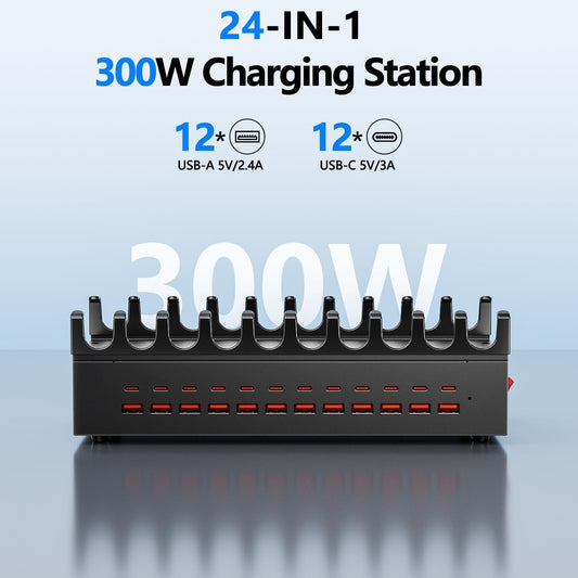 300W Charging Station with 24 Ports,USB Fast Charger for Multiple Devices,Multi Charger Station Organizer Compatible with Smart Power Delivery,Phone,Tablet,Charging Station for Home,Office,School