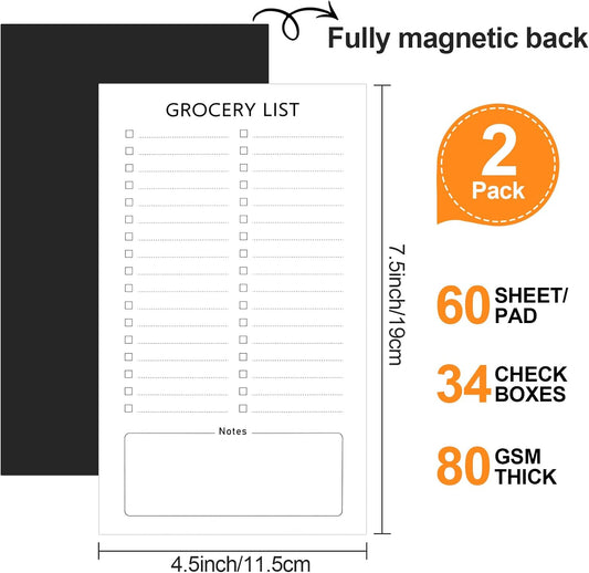 Joyberg Grocery List Magnet Pad for Fridge, 2 Pack Magnetic Notepads for Refrigerator, Magnetic Grocery List Pad for Fridge, Full Magnet Back Shopping Lists, 60 Sheets Per Note Pads