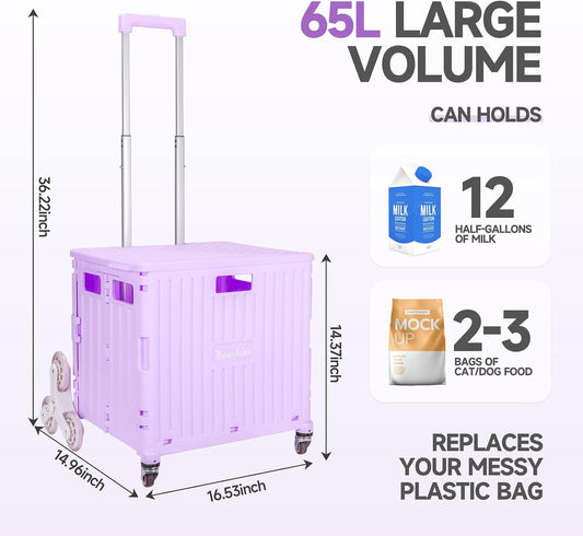 Rolling Crate with Stair Climbing Wheels, Foldable Utility Cart with Detachable Lid & Telescoping Handle, Portable Rolling Cart Tote Basket for Teacher Upstairs Grocery Shopping