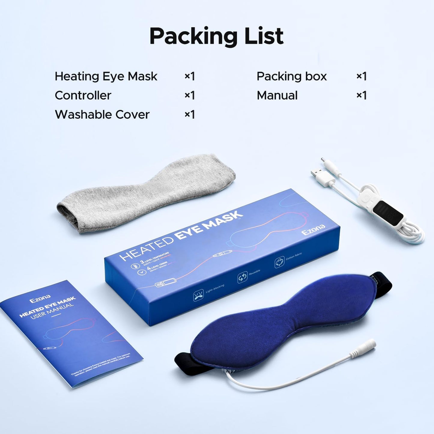 Ezona Heated Eye Mask, Warm Eye Compress Mask for Dry Eyes, USB Electric Eye Heating Pad with Temperature & Timer Control, Dry Eye Mask for Blepharitis, Sinus Migraine (Indigo)