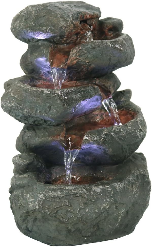 Sunnydaze 10" 5-Step Tabletop Water Fountain with LED Lights, Stacked Rocks
