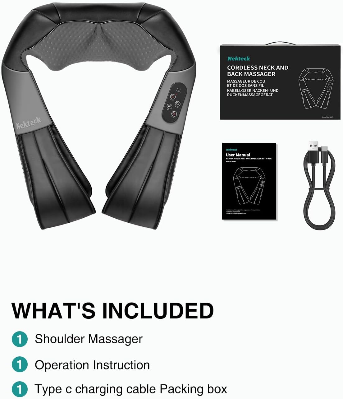 Nekteck Shiatsu Neck Massager with Heat, 2026 Upgraded Cordless Massage