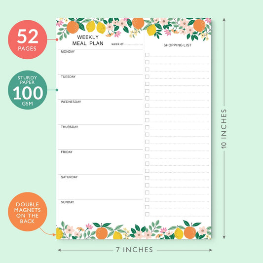 Sweetzer & Orange Meal Planner Magnetic Pad | 7x10 inch Notepad for Organized Weekly & Daily Planning | Tear-Off Grocery List Checklist for Convenient Shopping | Notepads for Refrigerator Door