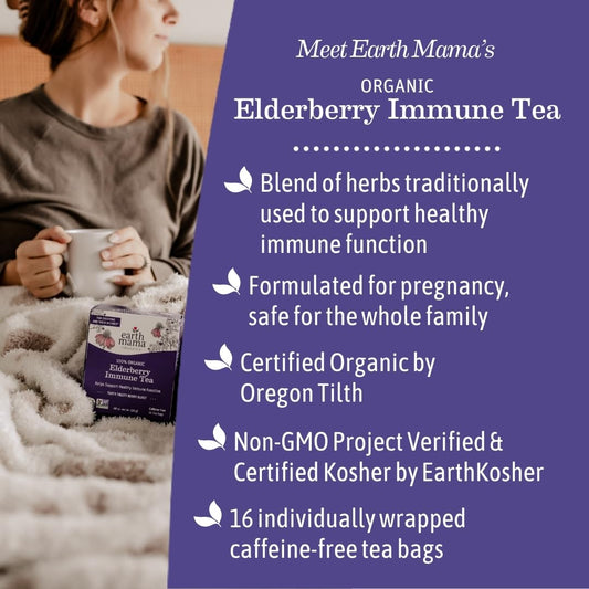 Earth Mama Organic Elderberry Immune Support Tea with Echinacea | Safe For Pregnancy, Breastfeeding, Postpartum, Kids and Family Essentials, Decaf Tea with Ginger & Rooibos, 16-Count (3-Pack)
