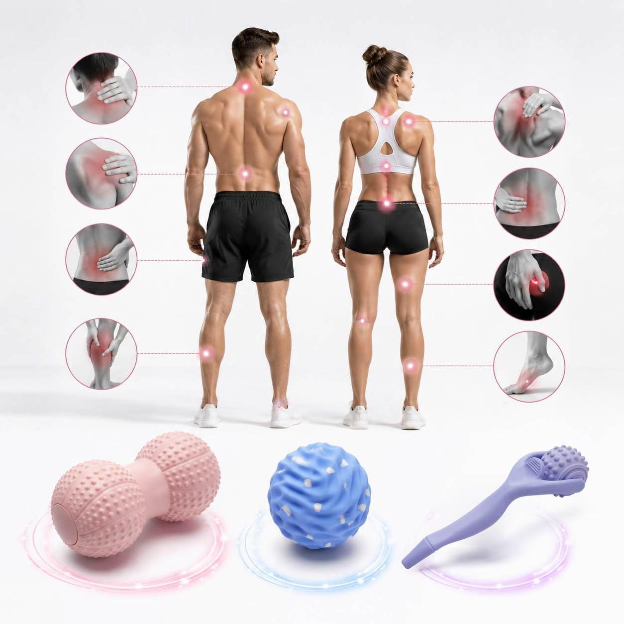 Massage Ball Set Peanut Ball 3.35"Fascia Ball for Foot Handle Ball for Back | 3 in 1 Silicone Fascia Ball Myofascial Release Kit for Plantar Fasciitis Deep Tissue Trigger Point