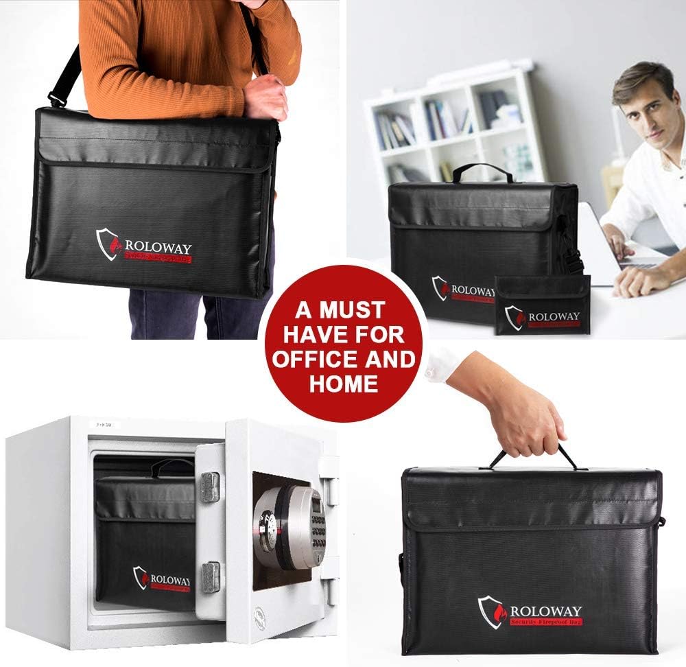 ROLOWAY Large (17 x 12 x 5.8 inches) Fireproof Bag, Water Resistant Fireproof Document Bag Safe for Money, Documents and Valuables Storage