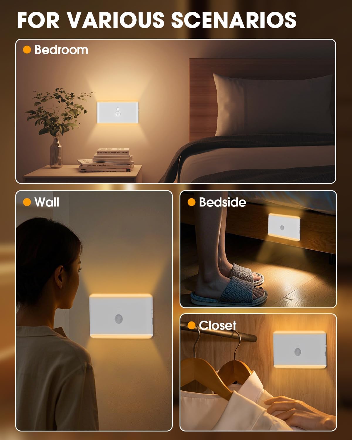 LAVAED Motion Sensor Night Light Indoor,RGB Charging Cordless Stair Lights,LED Wireless Step Light 500mAh Rechargeable Battery Operated Stick On Light for Hallway,Kitchen,Closet,Cabinet,Bedroom