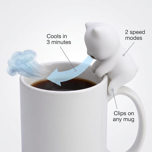 Mini Cooling Robot - Cat-Shaped Cooler for Hot Drinks & Food, 2 Speeds, Cools in 3 Mins, 3.14" Portable, Fits All Dishware - Perfect for Coffee, Tea & Meals,USB Rechargeable, Waterproof
