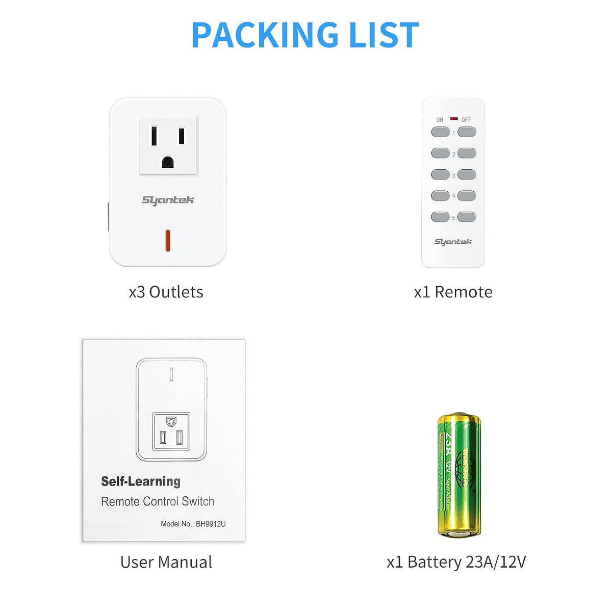 Syantek Remote Control Outlet Wireless Light Switch for Household Appliances, Expandable Remote Light Switch Kit, Up to 100 ft Range, White (5 Outlets + 2 Remotes)